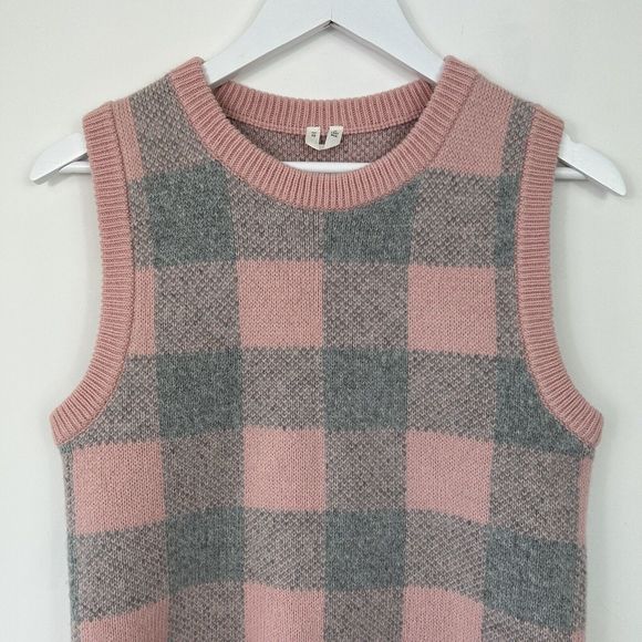 Arket 100% Wool Sweater Vest Size XS Grey Pink Check Knit Tank Jumper - Picture 2 of 7